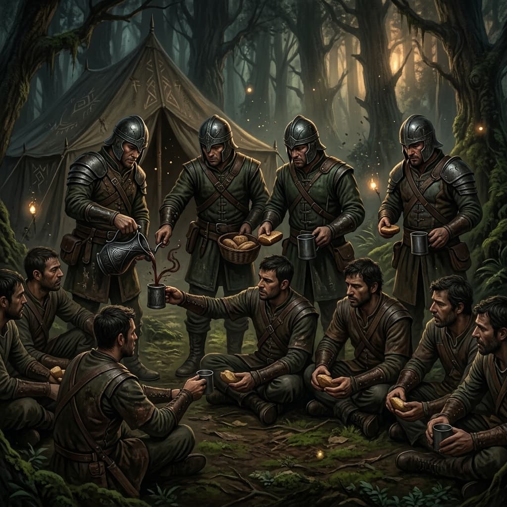 Soldados partilhando o café no chão — ambiente do encontro
